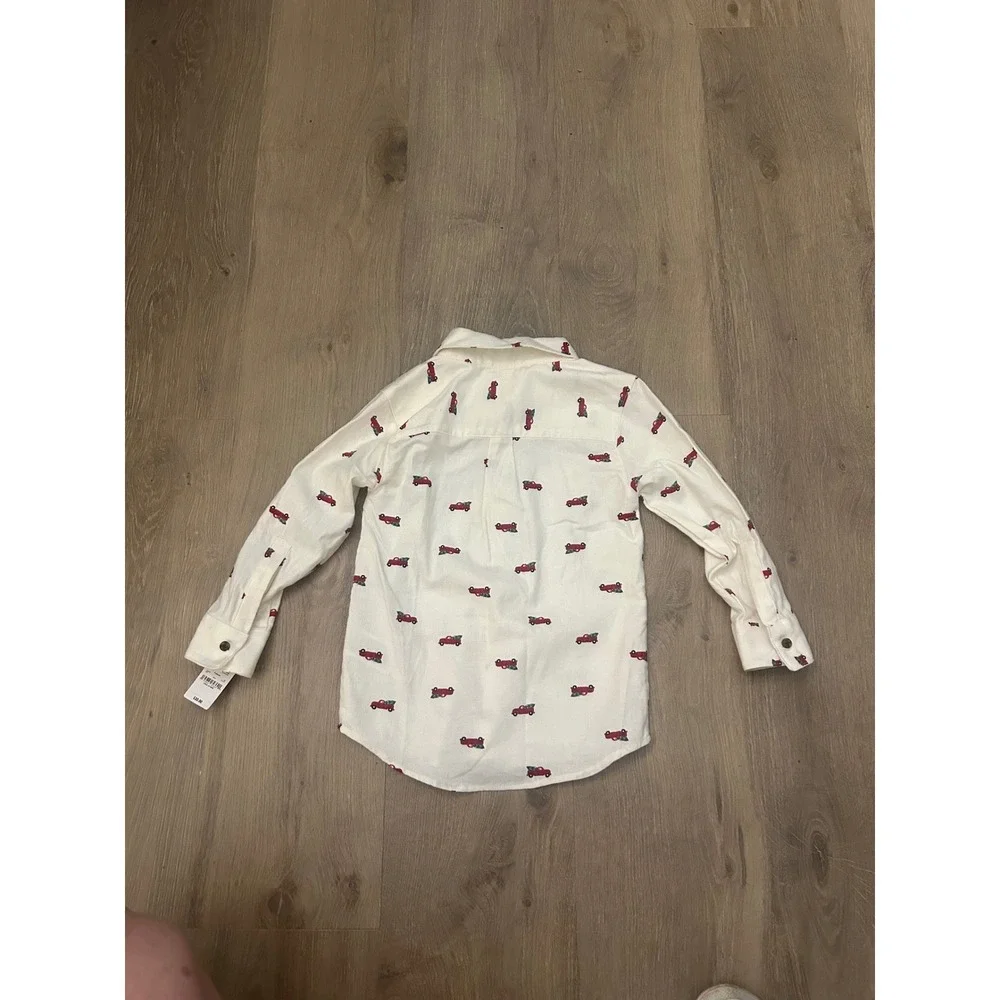 Carter's White Red Truck Button Down Shirt Boys 4T Christmas Holiday Long Sleeve